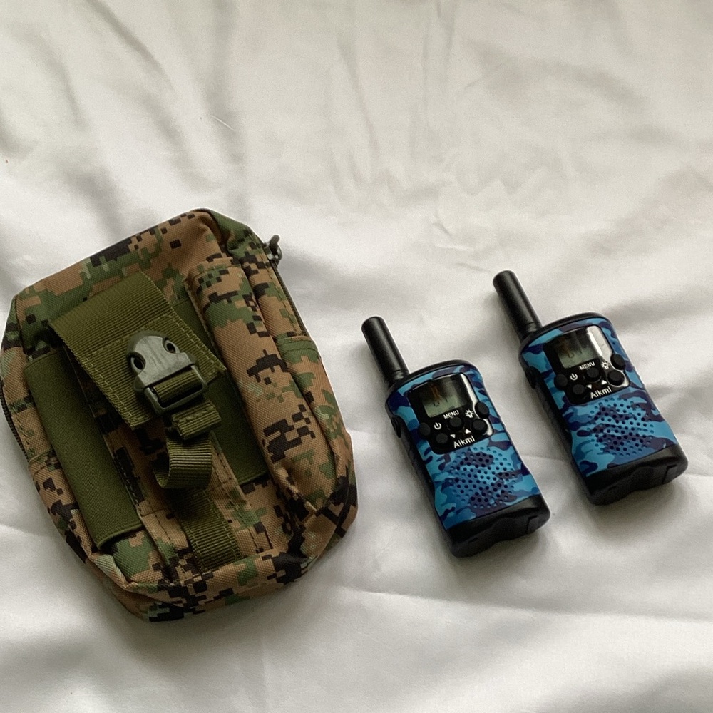 Camouflage Pouch and Blue Walkie Talkies
